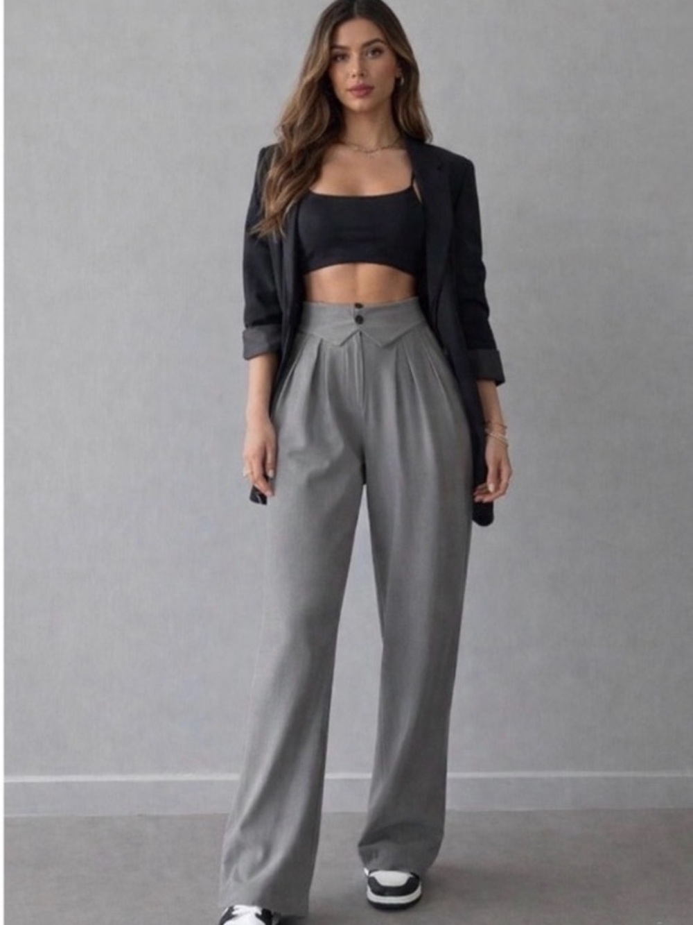 Commense High-Waist Pleated Wide-Leg Pants - Gray